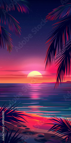Vibrant Tropical Sunset Over Calm Ocean with Palm Leaves Silhouettes © Mariia