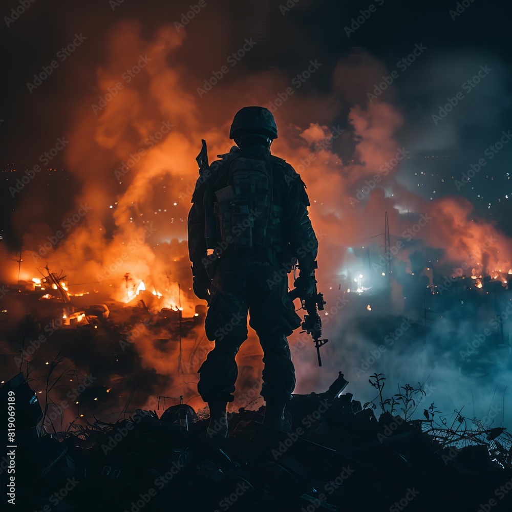 A soldier stands alone in the middle of a war-torn city A soldier stands alone in the middle of a war-torn city