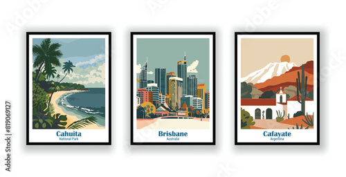 Brisbane, Australia, Cafayate, Argentina, Cahuita, National Park - Vintage Travel Posters. Vector illustration. High Quality Prints