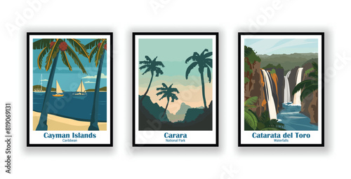 Carara, National Park, Catarata del Toro, Waterfalls, Cayman Islands, Caribbean - Vintage Travel Posters. Vector illustration. High Quality Prints