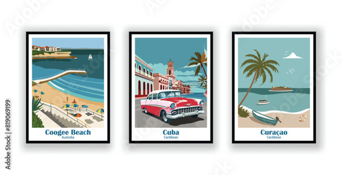 Coogee Beach, Australia, Cuba, Caribbean, Curaçao, Caribbean - Vintage Travel Posters. Vector illustration. High Quality Prints