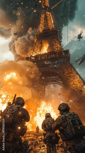 photo journalism, soldiers fighting against aliens in Paris, Eifel Tower, american and grenadian soldiers, explosions, intense war scene, Phantom High Speed Camera, ultra realistic photo
