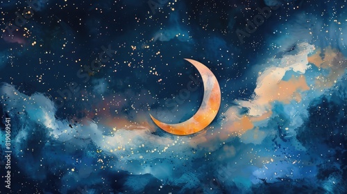 Eid mubarak watercolor illustration with crescent moon at starry night sky