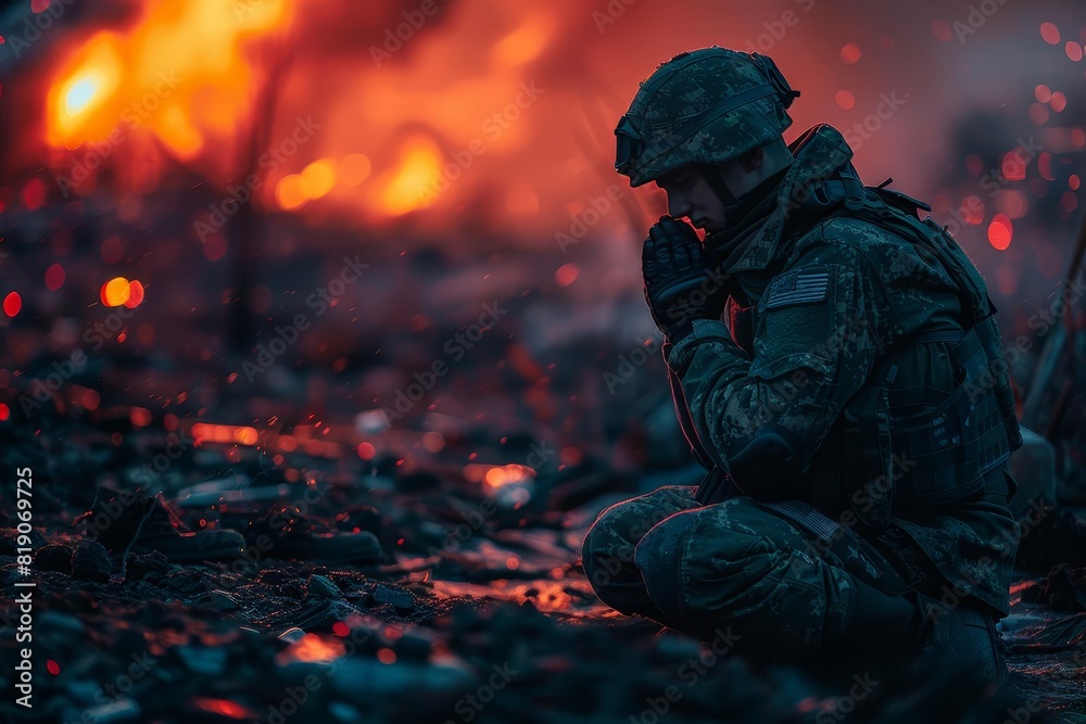 Photo of a a soldier praying in warzone battlefield, in right part of image, realistic photo, professional photo, studio lights Photo of a a soldier praying in warzone battlefield, in right part of image, realistic photo, professional photo, studio lights