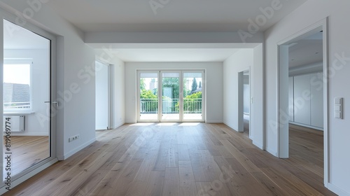 Interior of empty spacious living room with white walls and laminated floor. AI Generative