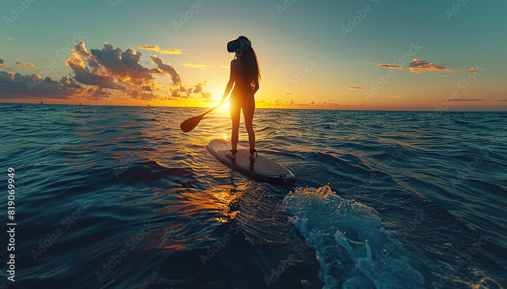 Fototapeta premium A woman uses VR while paddleboarding at sunset. Generated by AI
