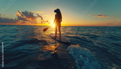 A woman uses VR while paddleboarding at sunset. Generated by AI photo