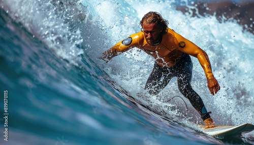 A surfer in a yellow wetsuit rides a wave. Generated by AI.