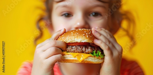 Little Girl Eating Hamburger on Yellow Background