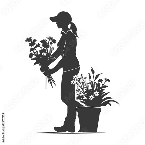 silhouette florist in action full body black color only