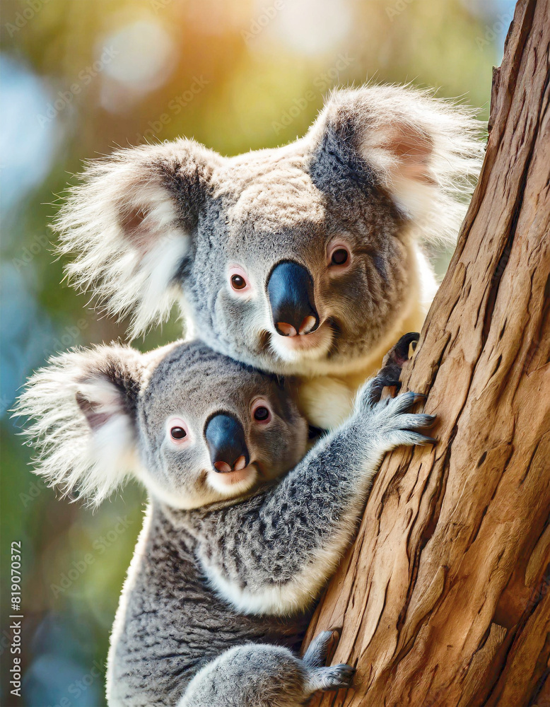 Fototapeta premium Koala in a tree with her baby joey up close.