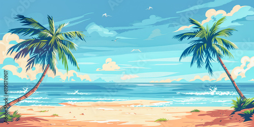 Two palm trees painting on beach with blue sky