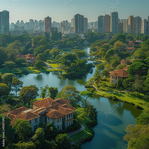 Aerial view of Ibirapuera Park in São Paulo, Brazil Park with preserved green area Residential and commercial buildings in the background Please provide high-resolution photo