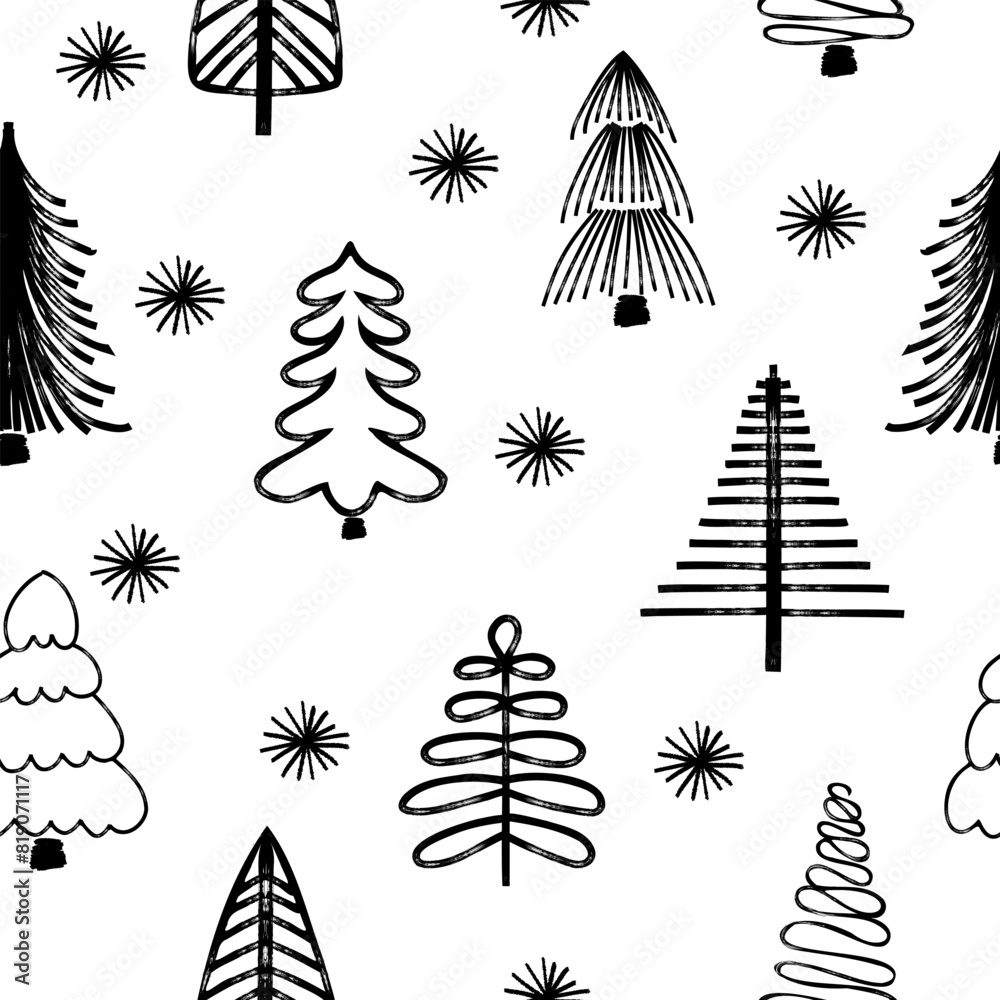 Seamless pattern with Christmas trees. Brush painted stylized print for New Year and Christmas holiday. Seamless pattern with Christmas trees. Brush painted stylized print for New Year and Christmas holiday.