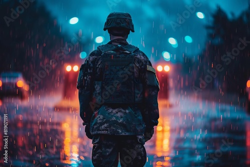 soldier standing strong by himself afar off, in the rain, with army uniform, full camo attire, serious, intense battle, 32k, high definition, ultra high quality, dramatic lighting