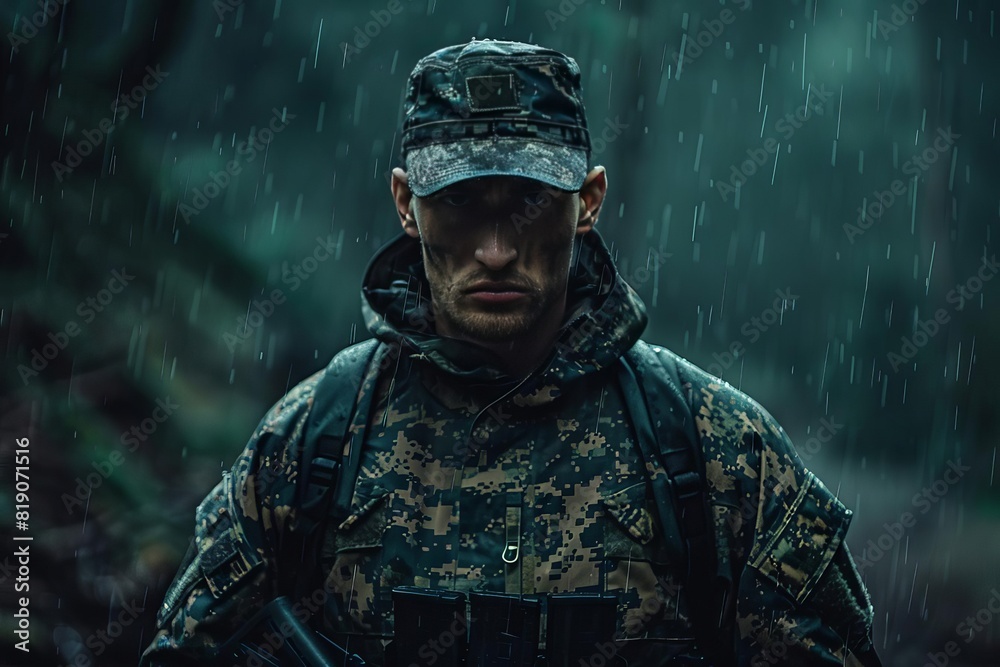 soldier standing strong by himself afar off, in the rain, with army uniform, full camo attire, serious, intense battle, 32k, high definition, ultra high quality, dramatic lighting soldier standing strong by himself afar off, in the rain, with army uniform, full camo attire, serious, intense battle, 32k, high definition, ultra high quality, dramatic lighting