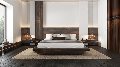 Interior of modern bedroom with white and brown walls  dark wooden floor. AI Generative