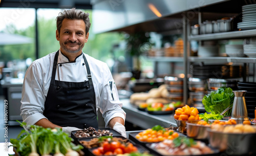 Portrait of smiling male chef with cooked food standing in the kitchen of restaurant