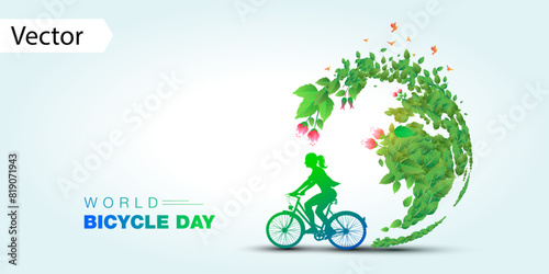 Creative greeting of World Bicycle Day. women motorcycle riders, green eco Leaf with world map Environment vector illustration.