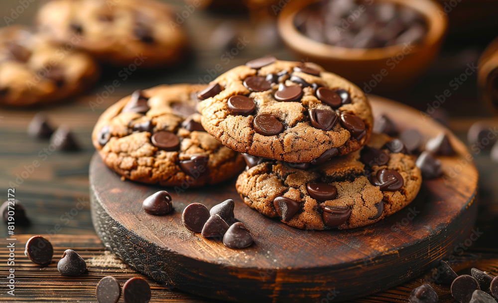 Chocolate chip cookies on wooden plate Chocolate chip cookies on wooden plate