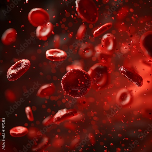 Close-up image of red blood cells in motion  showcasing the microscopic elements and dynamics of the circulatory system.