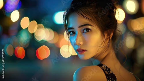 Elegant Thai woman in Bangkok city, Thailand, fashion photography of beautiful south east Asian girl, bokeh background