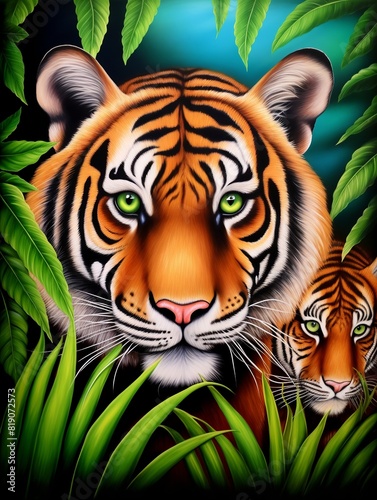 A tigress and her cub are hiding in the jungle