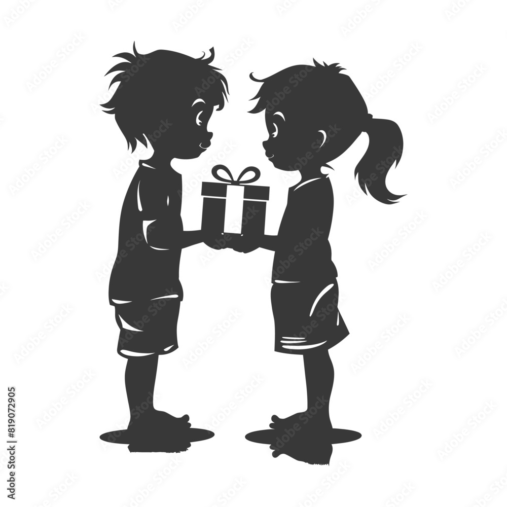 silhouette little girl and little boy couple exchange gift box black color only silhouette little girl and little boy couple exchange gift box black color only