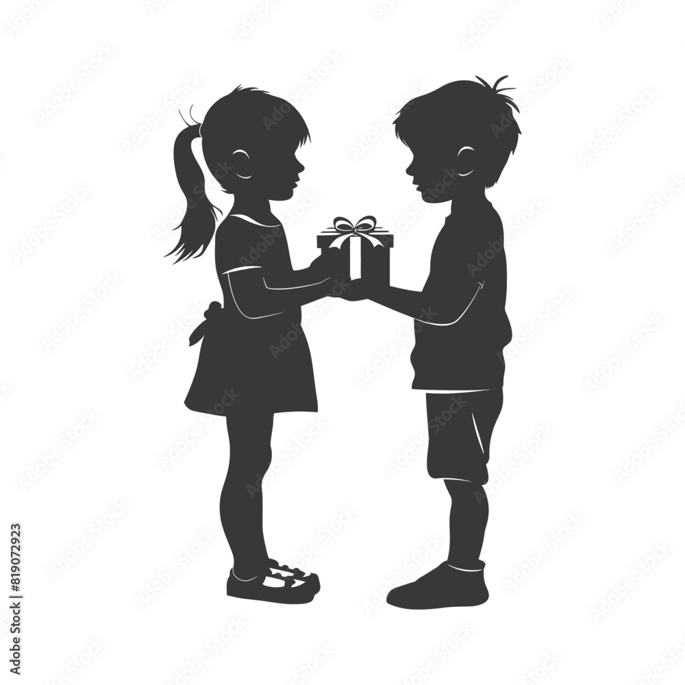 silhouette little girl and little boy couple exchange gift box black color only