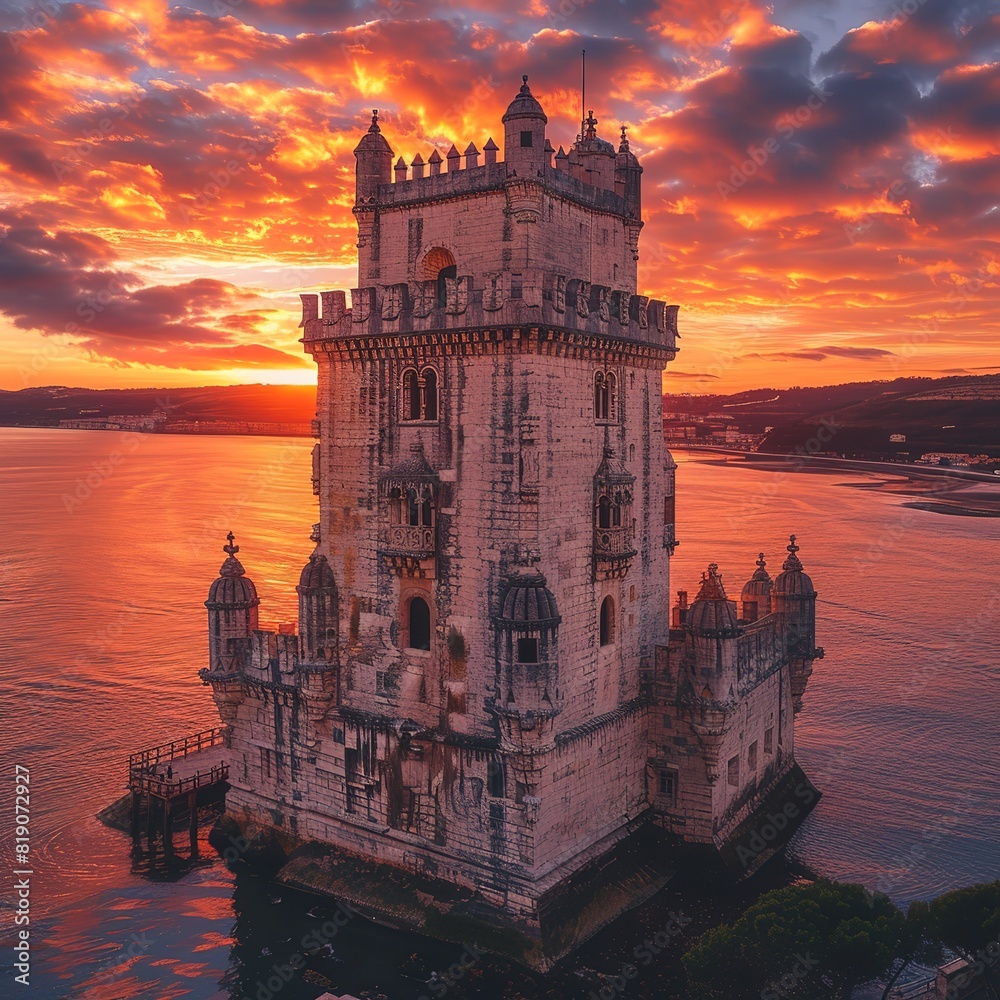 Aerial view of Tower of Belem at sunset, Lisbon, Portugal on the Tagus River Please provide high-resolution