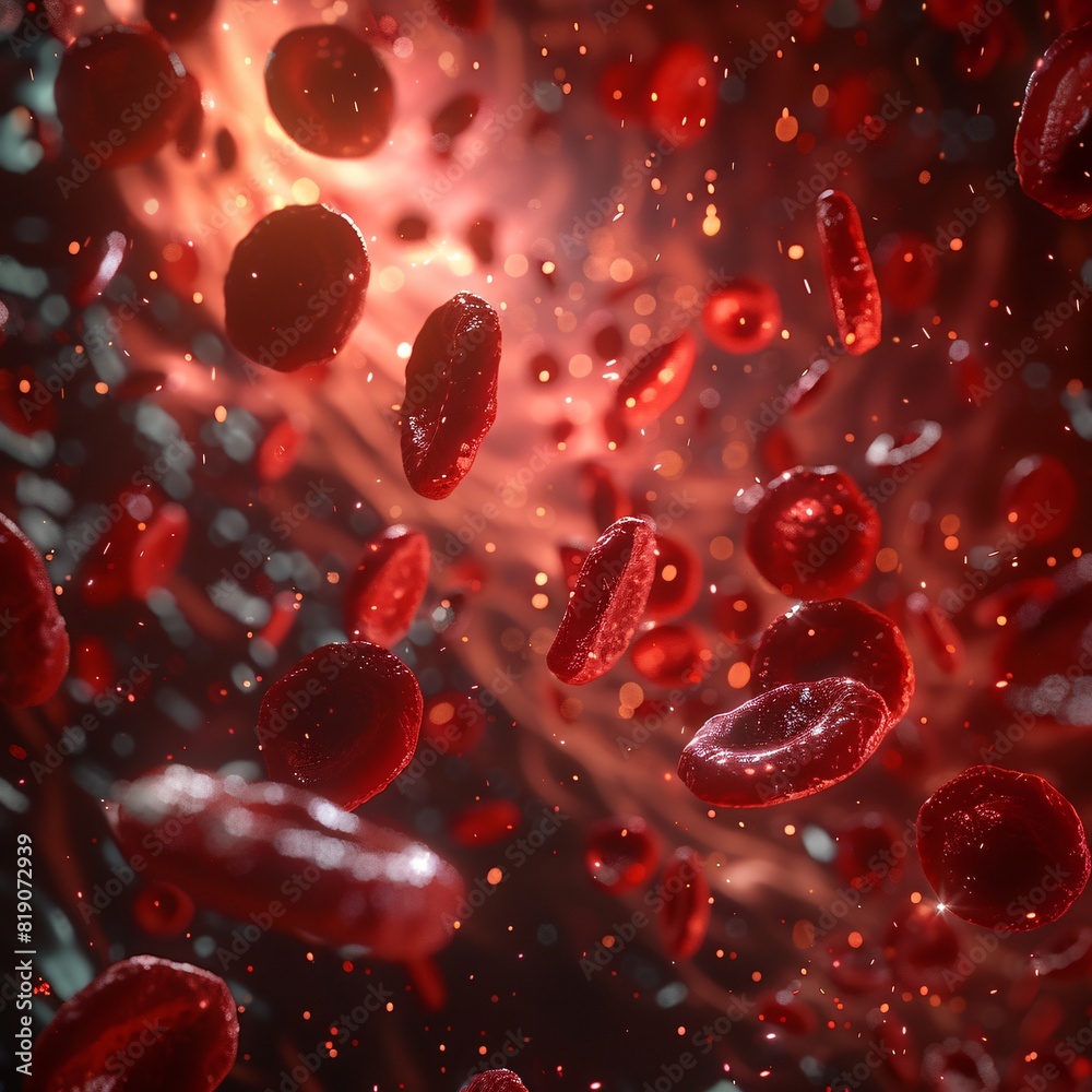 Close-up of red blood cells flowing through a vein, highlighting the intricate and vital processes within the human circulatory system. Close-up of red blood cells flowing through a vein, highlighting the intricate and vital processes within the human circulatory system.