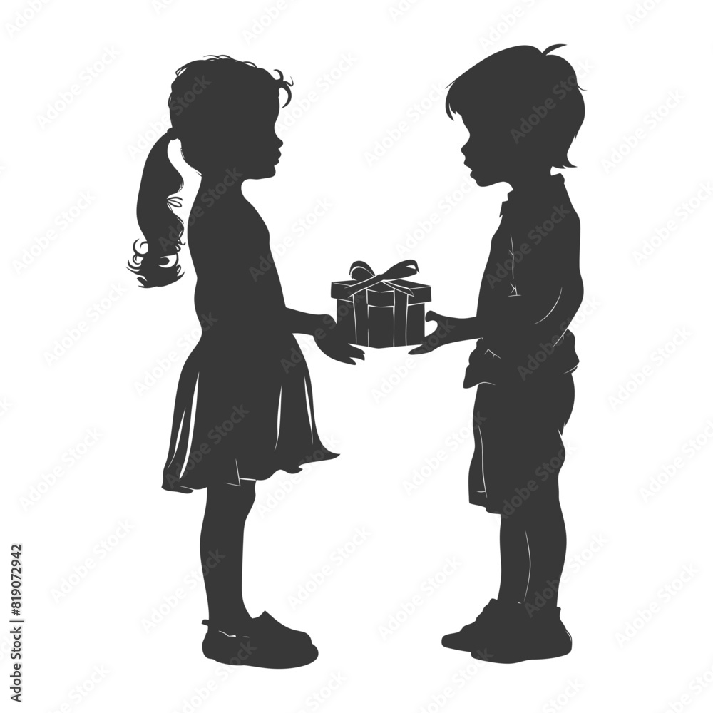 silhouette little girl and little boy couple exchange gift box black color only silhouette little girl and little boy couple exchange gift box black color only