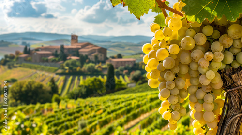 A close up of a bunch of grapes hanging from a vine photo