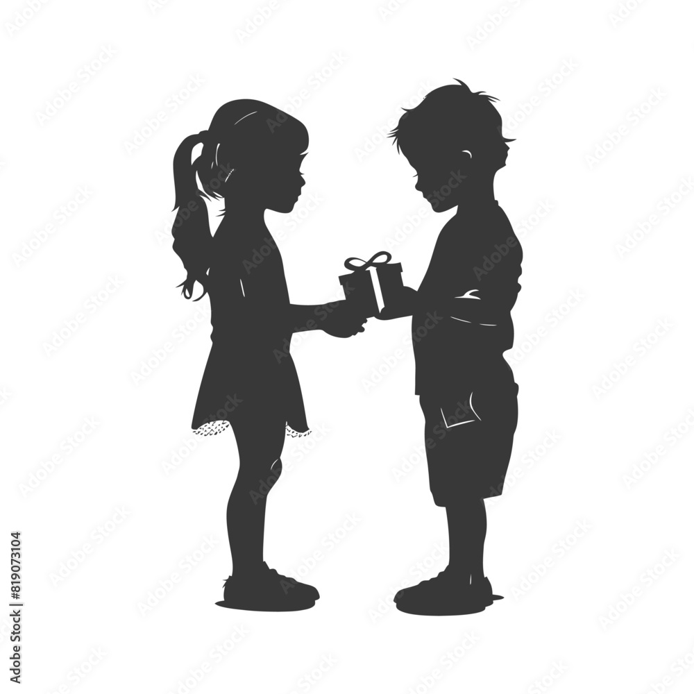 silhouette little girl and little boy couple exchange gift box black color only