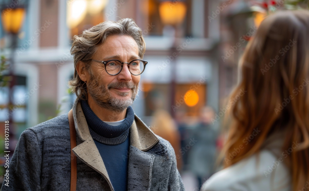 Man and woman in coats and wearing glasses look at each other on city street. Man and woman in coats and wearing glasses look at each other on city street.