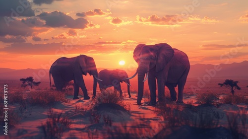 Elephants in the desert at sunset. Valentine's Day.