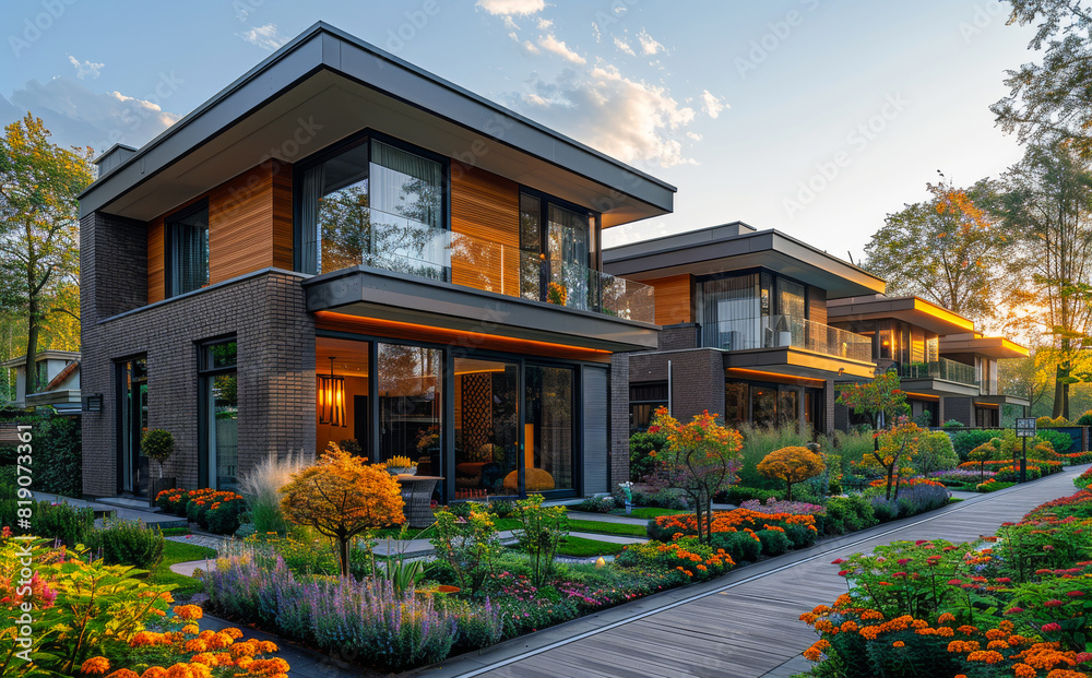 Modern houses with garden in the evening