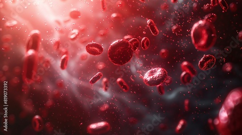 Close-up view of red blood cells in motion  depicting the dynamic flow within the human circulatory system against a dark  abstract background.