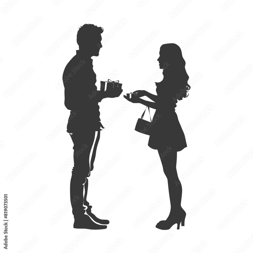 silhouette man and women couple exchanging gifts black color only silhouette man and women couple exchanging gifts black color only