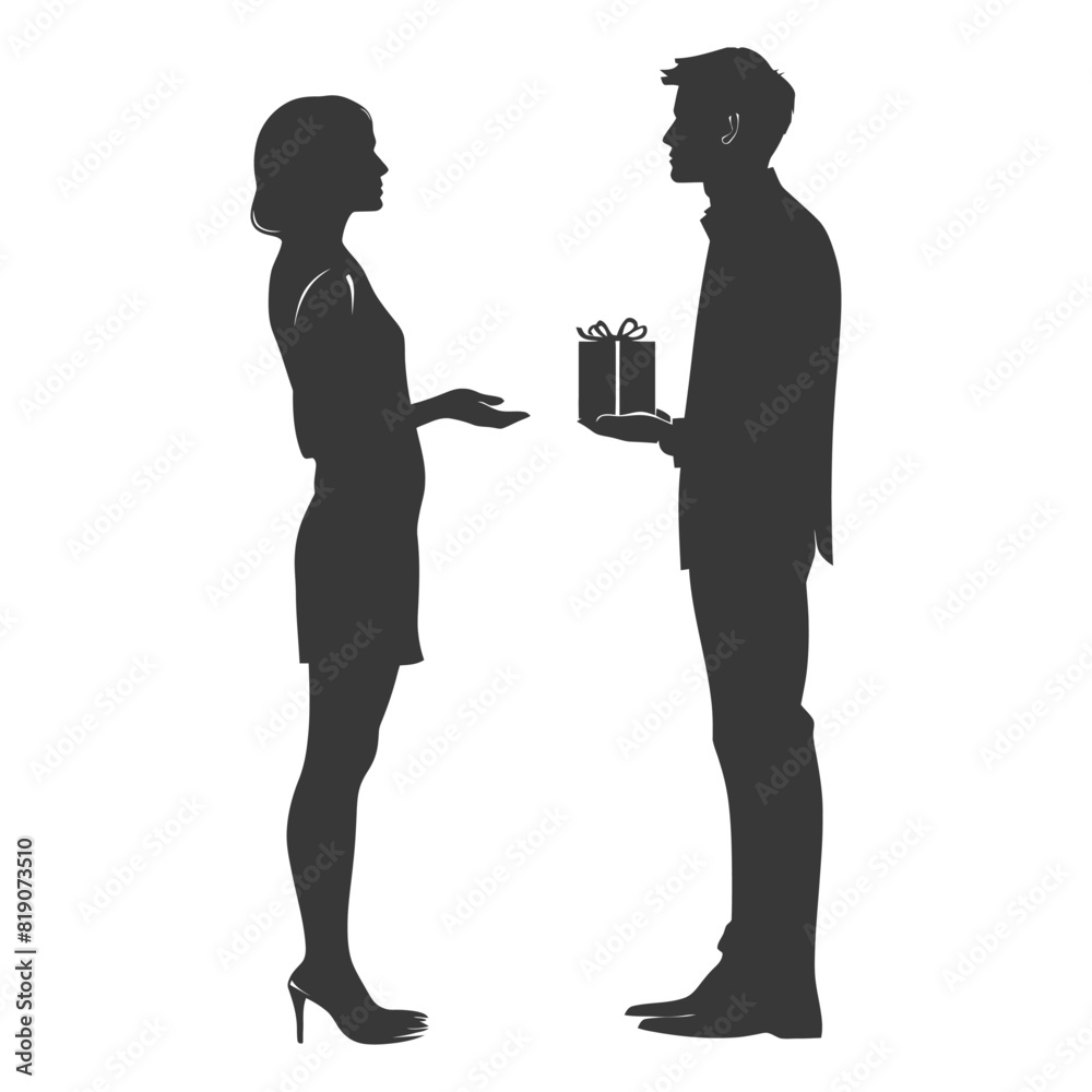 silhouette man and women couple exchanging gifts black color only