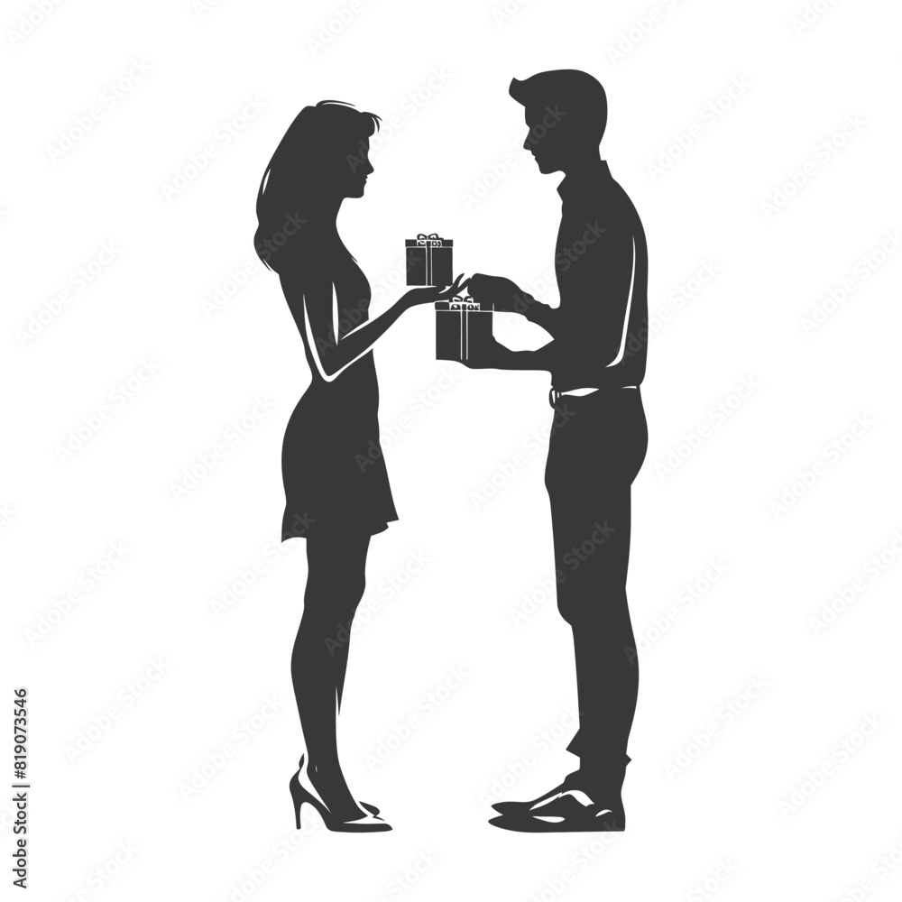 silhouette man and women couple exchanging gifts black color only