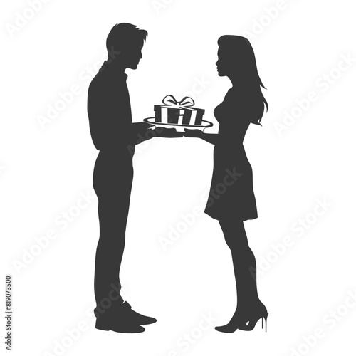 silhouette man and women couple exchanging gifts black color only