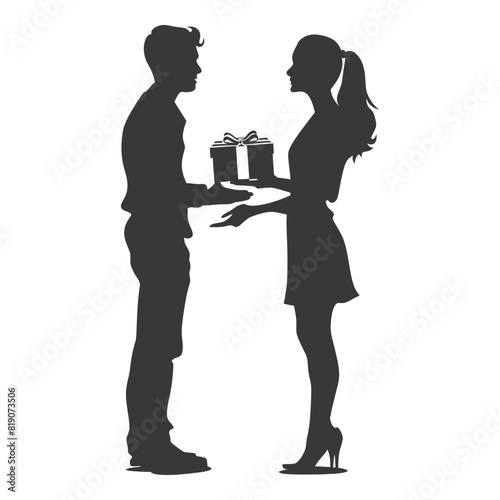 silhouette man and women couple exchanging gifts black color only