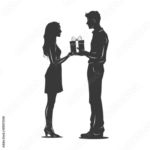 silhouette man and women couple exchanging gifts black color only