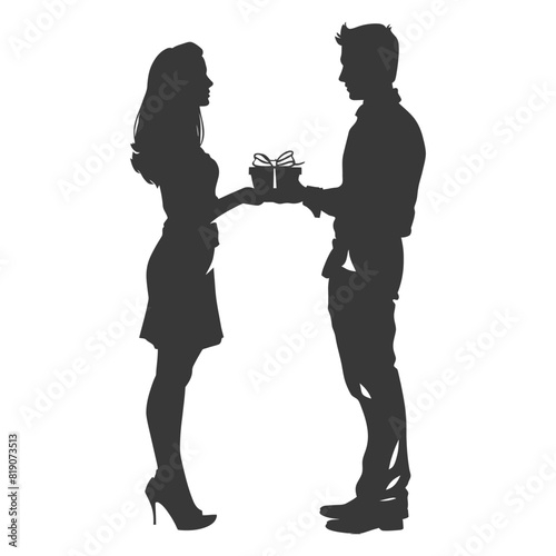 silhouette man and women couple exchanging gifts black color only