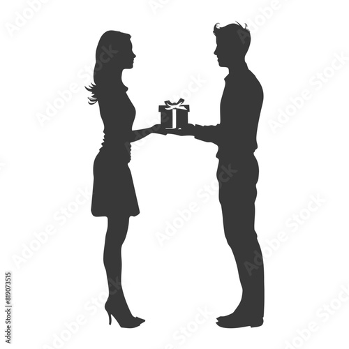 silhouette man and women couple exchanging gifts black color only