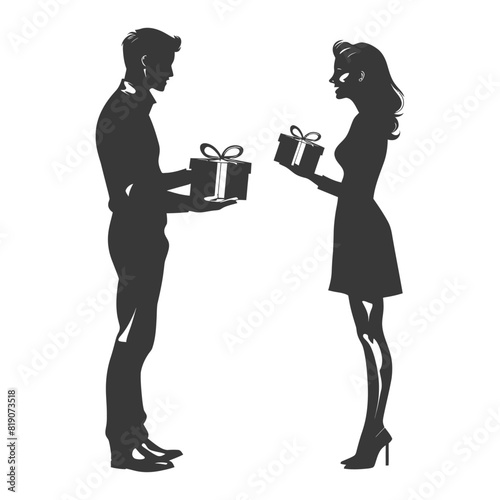silhouette man and women couple exchanging gifts black color only