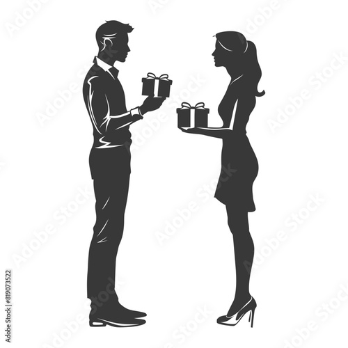 silhouette man and women couple exchanging gifts black color only