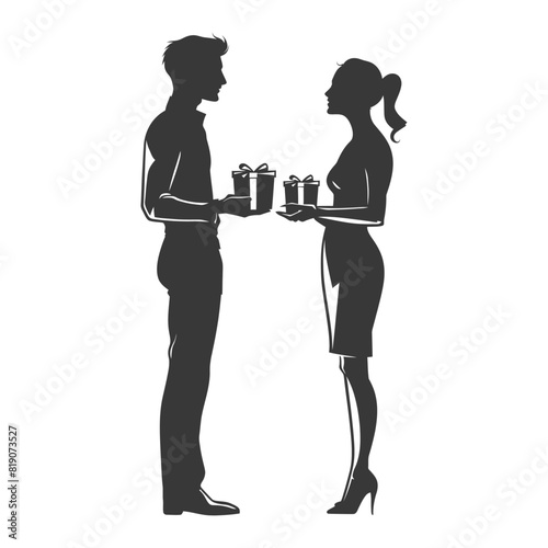 silhouette man and women couple exchanging gifts black color only