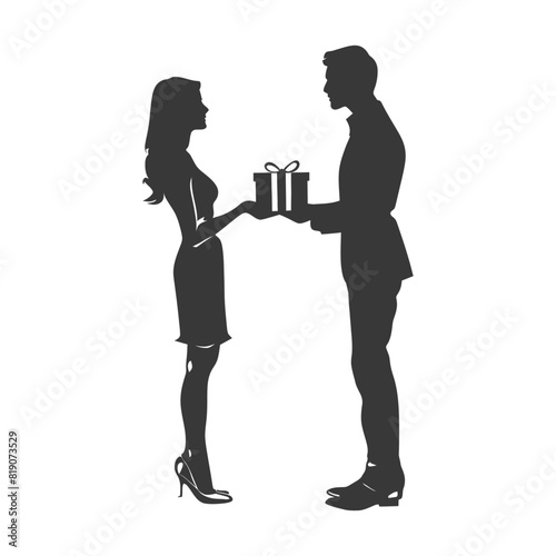 silhouette man and women couple exchanging gifts black color only